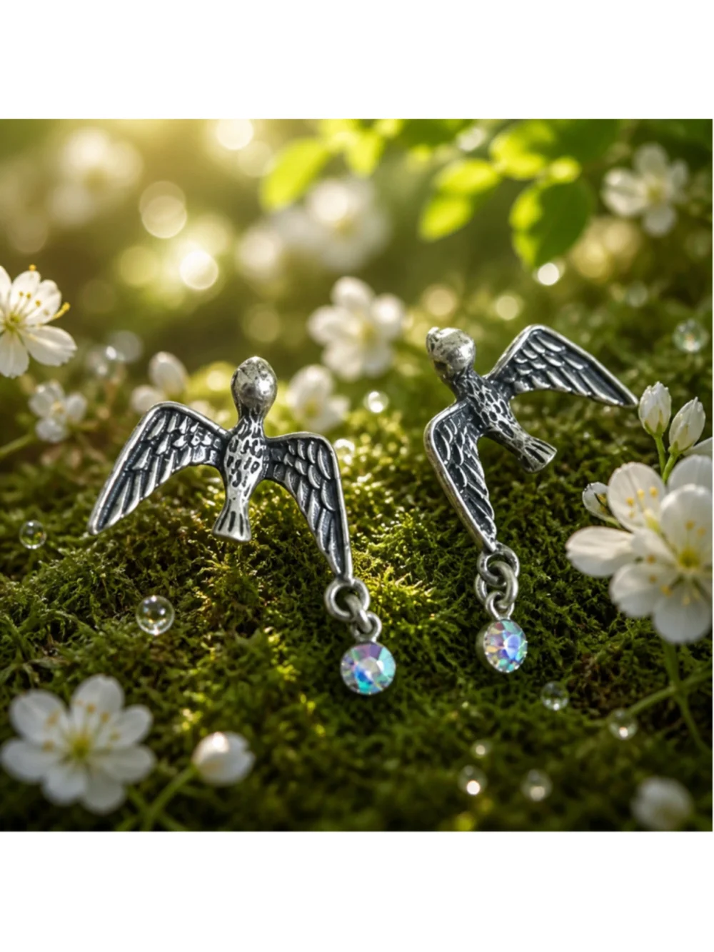 Vintage Betsey Johnson Silver Bird Earrings Iridescent Stone Accent FairyCore